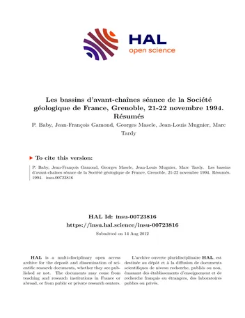 Más sobre Les Bassins D’avant-chaînes Séance De La Société Géologique De France, Grenoble.